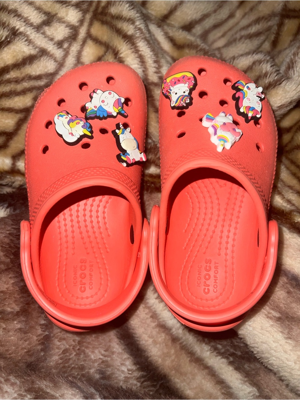 CROCS Kids Coral-Red Clogs with Unicorn Jibbitz